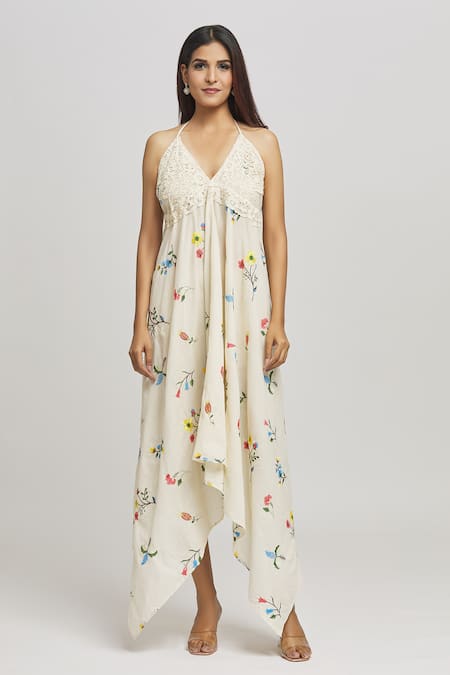 Kunwarani Ritu Cream Cotton Hand Embroidery Floral V Neck Dress Online at Aza Fashions Kunwarani Ritu_Cream Cotton Hand Embroidery Floral V Neck Dress _Online_at_Aza_Fashions