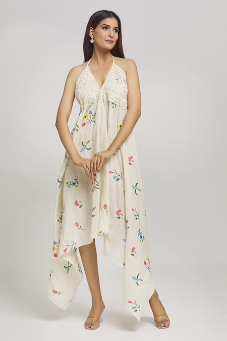 Shop Kunwarani Ritu Cream Cotton Hand Embroidery Floral V Neck Dress Online at Aza Fashions Shop_Kunwarani Ritu_Cream Cotton Hand Embroidery Floral V Neck Dress _Online_at_Aza_Fashions
