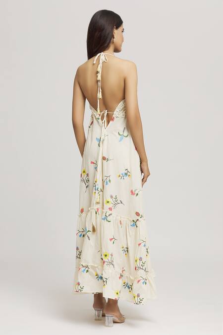 Shop_Kunwarani Ritu_Cream Cotton Hand Embroidery Floral V Neck Bud Dress  _at_Aza_Fashions