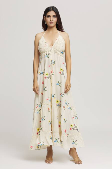 Kunwarani Ritu_Cream Cotton Hand Embroidery Floral V Neck Bud Dress  _Online_at_Aza_Fashions