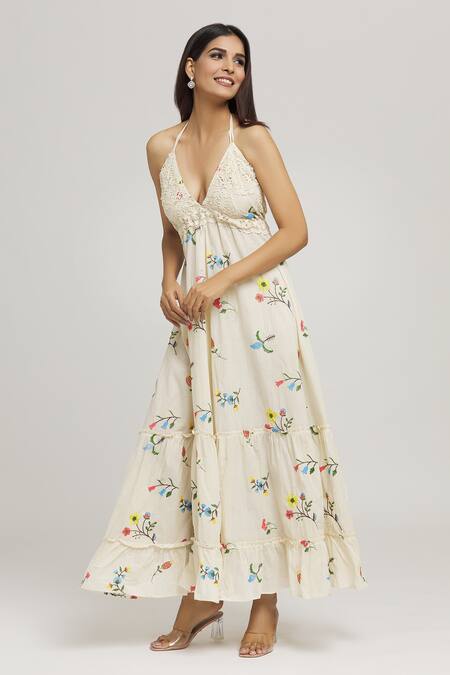 Shop_Kunwarani Ritu_Cream Cotton Hand Embroidery Floral V Neck Bud Dress  _Online_at_Aza_Fashions