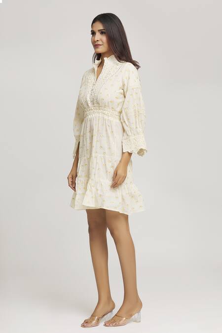 Kunwarani Ritu_Cream Cotton Lace, Sequins Collared Embroidered Dress _Online_at_Aza_Fashions