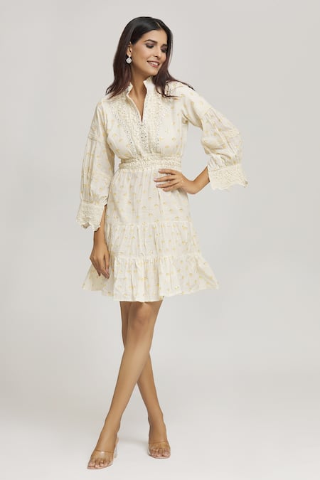 Buy_Kunwarani Ritu_Cream Cotton Lace, Sequins Collared Embroidered Dress _Online_at_Aza_Fashions