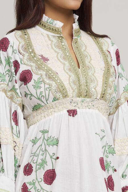 Kunwarani Ritu_White Cotton Embroidery Collared Flower Vine Print Dress _at_Aza_Fashions