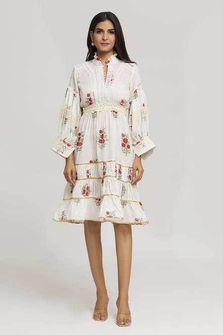 Kunwarani Ritu_Cream Cotton Embroidery Collared Floral Vine Print Dress _Online_at_Aza_Fashions