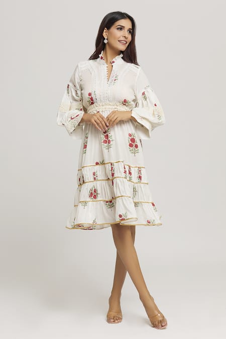 Buy_Kunwarani Ritu_Cream Cotton Embroidery Collared Floral Vine Print Dress _Online_at_Aza_Fashions