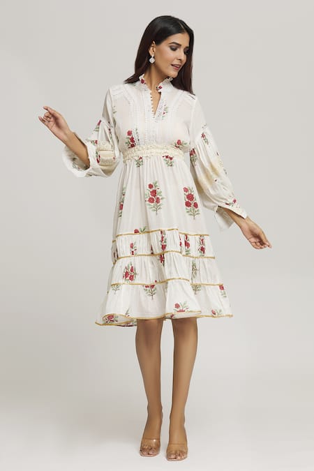 Shop_Kunwarani Ritu_Cream Cotton Embroidery Collared Floral Vine Print Dress _Online_at_Aza_Fashions