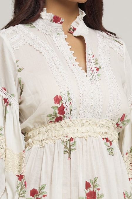 Kunwarani Ritu_Cream Cotton Embroidery Collared Floral Vine Print Dress _at_Aza_Fashions
