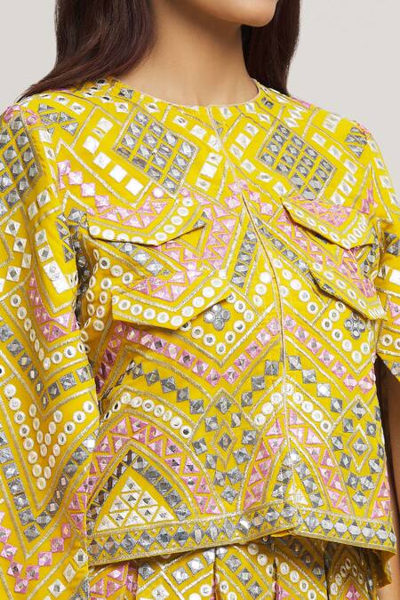 Buy Kunwarani Ritu Yellow Georgette Hand Embroidery Geometric Round Neck Top With Skirt Online at Aza Fashions Buy_Kunwarani Ritu_Yellow Georgette Hand Embroidery Geometric Round Neck Top With Skirt _Online_at_Aza_Fashions