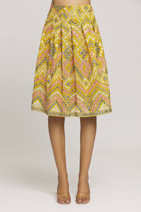 Shop Kunwarani Ritu Yellow Georgette Hand Embroidery Geometric Round Neck Top With Skirt Online at Aza Fashions Shop_Kunwarani Ritu_Yellow Georgette Hand Embroidery Geometric Round Neck Top With Skirt _Online_at_Aza_Fashions