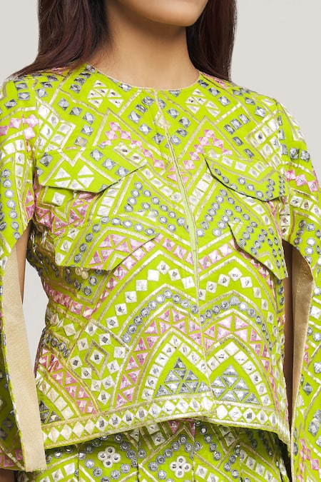 Shop_Kunwarani Ritu_Green Georgette Hand Embroidery Geometric Contrast Top With Skirt  _Online_at_Aza_Fashions