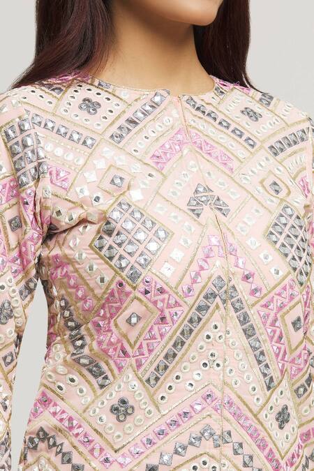 Shop_Kunwarani Ritu_Pink Georgette Hand Embroidery Geometric Abstract Top With Skirt  _Online_at_Aza_Fashions