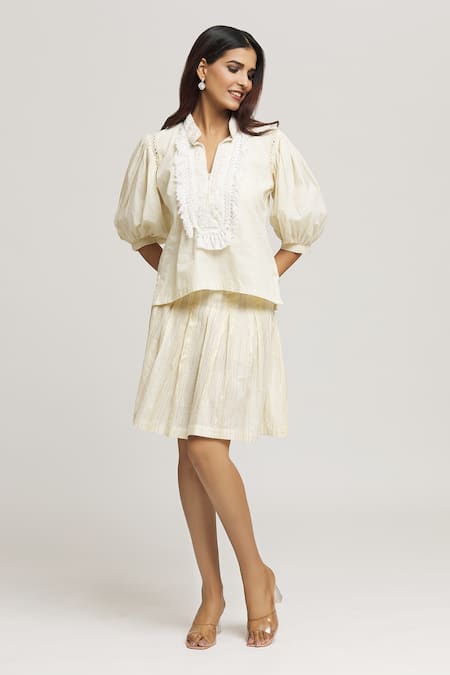 Buy_Kunwarani Ritu_Cream Cotton Embroidery Collared Floral Lace Work Placket Top With Skirt _Online_at_Aza_Fashions