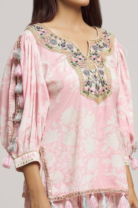 Shop_Kunwarani Ritu_Pink Cotton Print Floral Notched Neck Blossom Short Tunic With Pant  _Online_at_Aza_Fashions