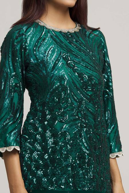 Buy_Kunwarani Ritu_Green Georgette Embellished Sequins Round Neck Tunic With Palazzo  _Online_at_Aza_Fashions