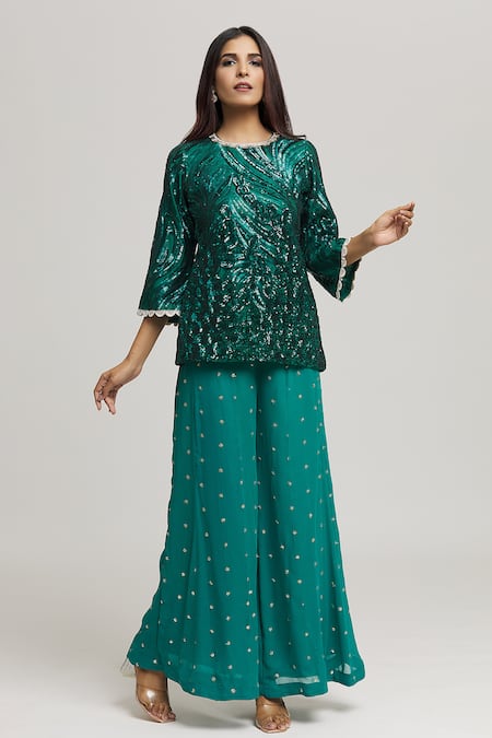 Kunwarani Ritu_Green Georgette Embellished Sequins Round Neck Tunic With Palazzo  _at_Aza_Fashions