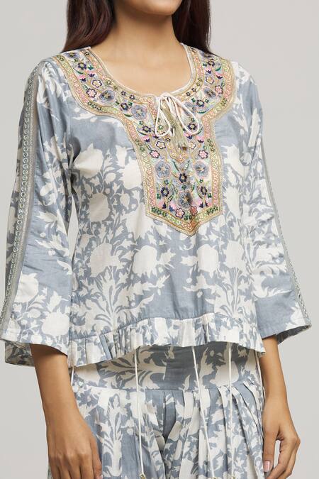 Shop_Kunwarani Ritu_Grey Cotton Print Floral Round Neck Short Tunic With Pant  _Online_at_Aza_Fashions