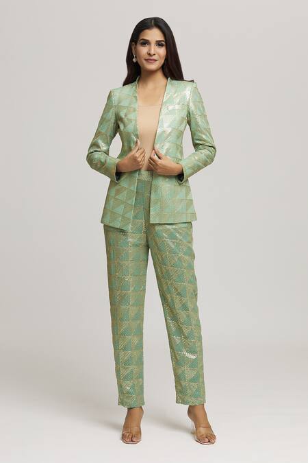 Buy_Kunwarani Ritu_Green Georgette Embellished Sequins Open Neck Jacket With Pant  _Online_at_Aza_Fashions