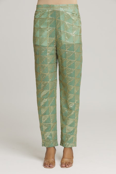 Shop_Kunwarani Ritu_Green Georgette Embellished Sequins Open Neck Jacket With Pant  _Online_at_Aza_Fashions