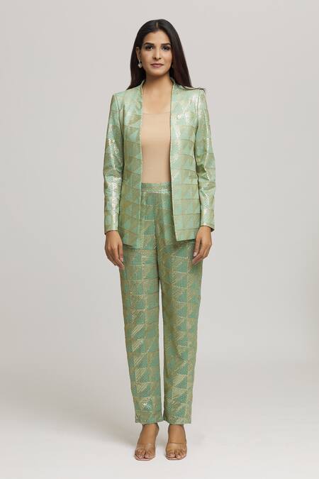 Kunwarani Ritu_Green Georgette Embellished Sequins Open Neck Jacket With Pant  _at_Aza_Fashions