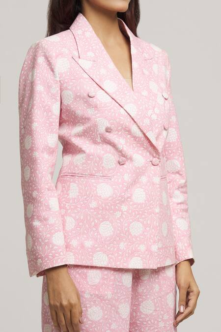 Shop_Kunwarani Ritu_Pink Cotton Print Floral Lapel Collar Hand Blazer With Shorts  _Online_at_Aza_Fashions