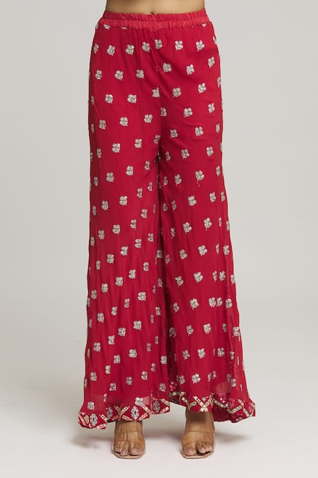 Buy_Kunwarani Ritu_Ivory Georgette Embroidery Geometric V Neck Mirror Tunic With Palazzo  _Online_at_Aza_Fashions