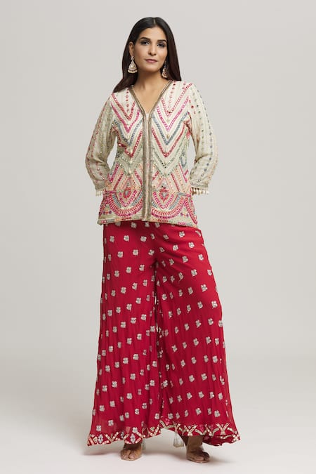 Shop_Kunwarani Ritu_Ivory Georgette Embroidery Geometric V Neck Mirror Tunic With Palazzo  _Online_at_Aza_Fashions