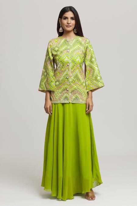 Kunwarani Ritu_Green Georgette Embroidery Geometric Round Mirror Tunic With Skirt  _Online_at_Aza_Fashions