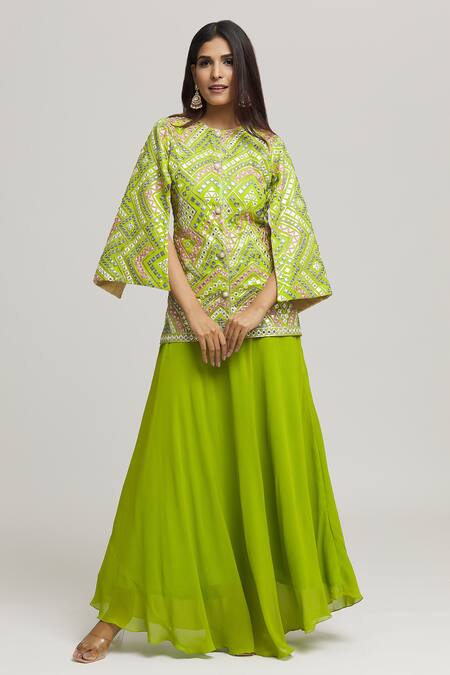 Buy_Kunwarani Ritu_Green Georgette Embroidery Geometric Round Mirror Tunic With Skirt  _Online_at_Aza_Fashions