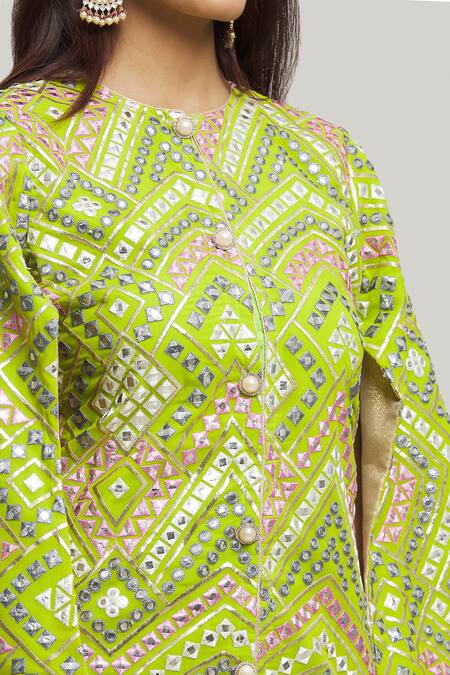 Shop_Kunwarani Ritu_Green Georgette Embroidery Geometric Round Mirror Tunic With Skirt  _Online_at_Aza_Fashions
