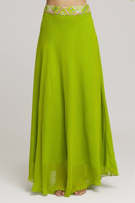 Kunwarani Ritu_Green Georgette Embroidery Geometric Round Mirror Tunic With Skirt  _at_Aza_Fashions