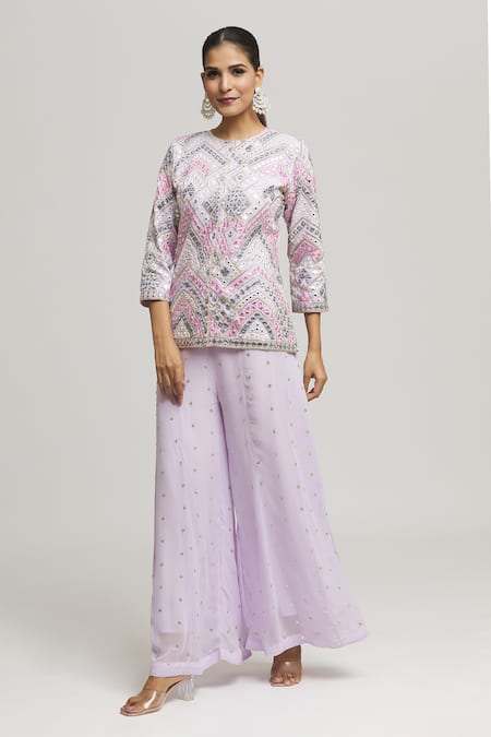 Kunwarani Ritu_Purple Georgette Embroidery Geometric Round Neck Tunic With Palazzo  _Online_at_Aza_Fashions