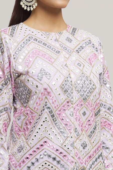 Buy_Kunwarani Ritu_Purple Georgette Embroidery Geometric Round Neck Tunic With Palazzo  _Online_at_Aza_Fashions