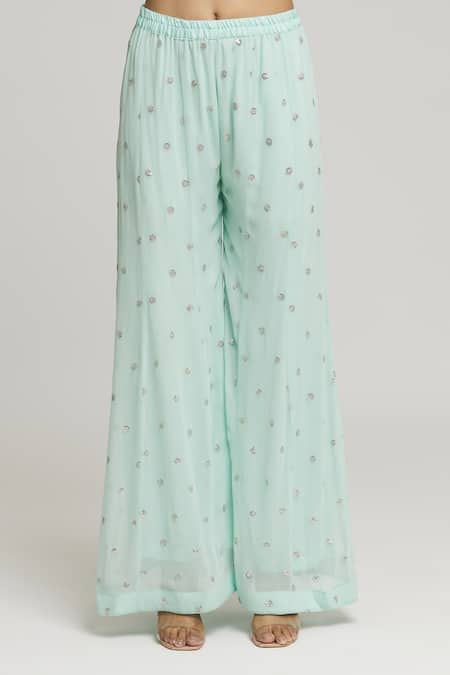 Shop_Kunwarani Ritu_Green Georgette Embroidery Geometric And Mirror Tunic With Palazzo  _Online_at_Aza_Fashions