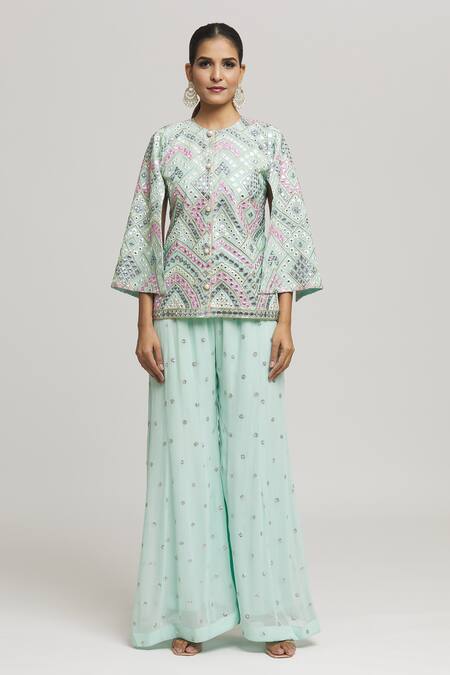 Kunwarani Ritu_Green Georgette Embroidery Geometric And Mirror Tunic With Palazzo  _at_Aza_Fashions