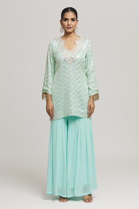 Kunwarani Ritu_Blue Georgette Embellished Sequins Curved Chevron Tunic With Palazzo  _Online_at_Aza_Fashions