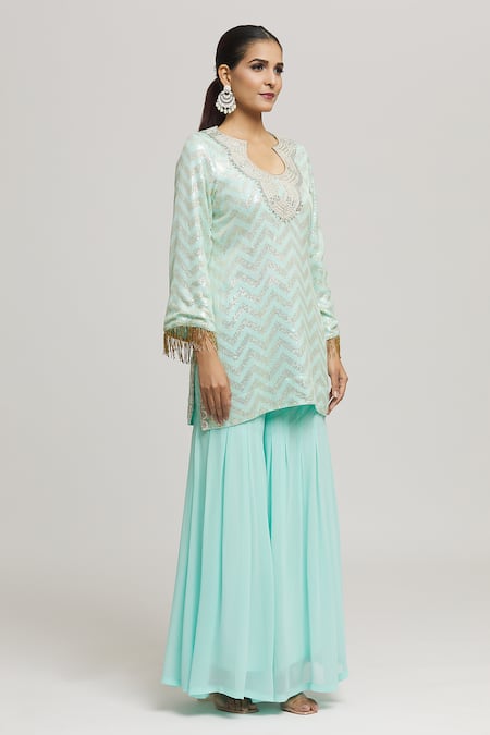 Buy_Kunwarani Ritu_Blue Georgette Embellished Sequins Curved Chevron Tunic With Palazzo  _Online_at_Aza_Fashions