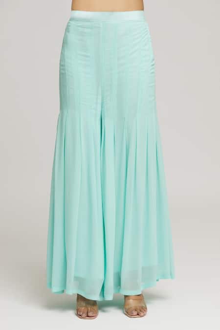 Kunwarani Ritu_Blue Georgette Embellished Sequins Curved Chevron Tunic With Palazzo  _at_Aza_Fashions