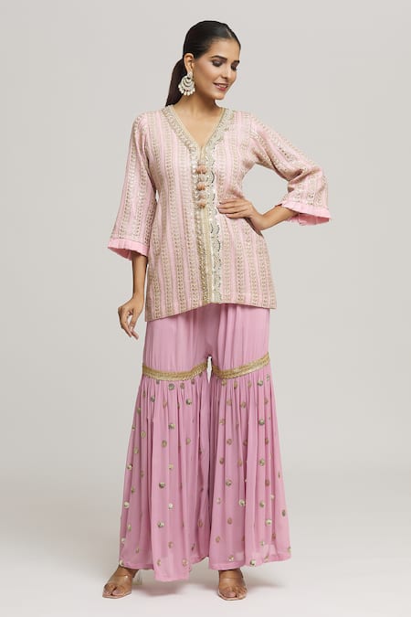 Kunwaraniritu Pink Georgette Embroidery Chikankari V Neck Kurta With Sharara  