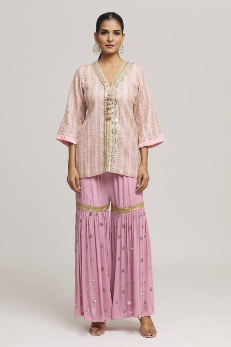 Kunwarani Ritu_Pink Georgette Embroidery Chikankari V Neck Kurta With Sharara  _Online_at_Aza_Fashions