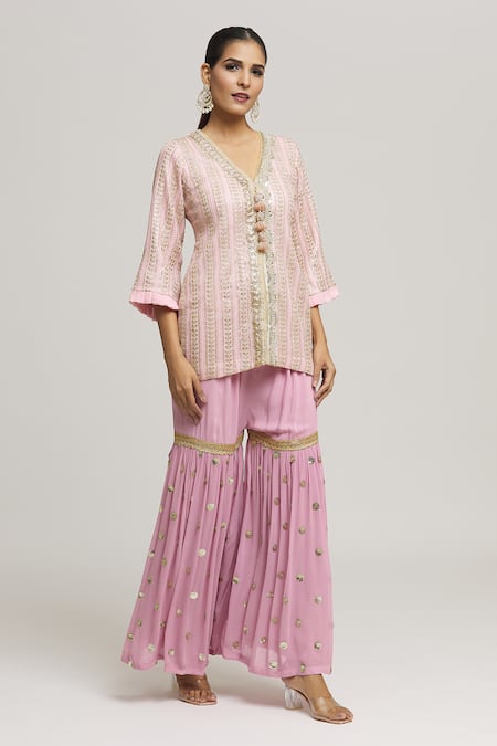 Buy_Kunwarani Ritu_Pink Georgette Embroidery Chikankari V Neck Kurta With Sharara  _Online_at_Aza_Fashions