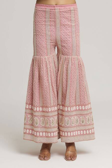 Shop_Kunwarani Ritu_Pink Georgette Embroidery Chikankari Sequin Kurta With Sharara  _Online_at_Aza_Fashions