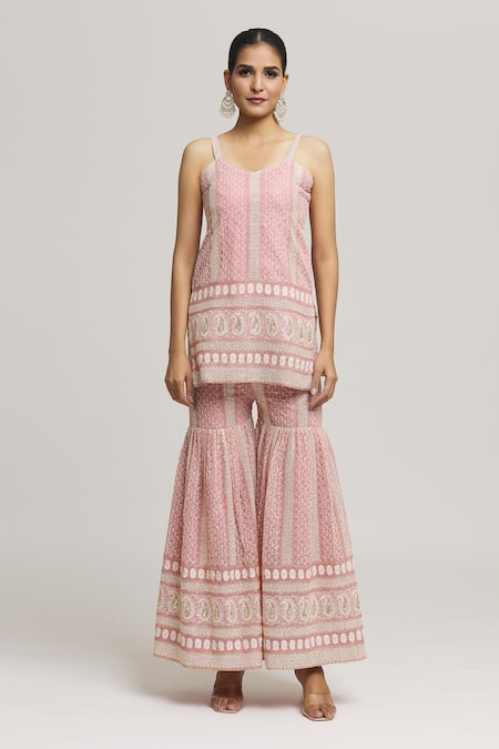 Kunwarani Ritu_Pink Georgette Embroidery Chikankari Sequin Kurta With Sharara  _at_Aza_Fashions