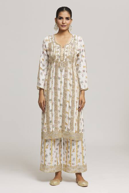 Kunwarani Ritu_White Cotton Embroidery Zardozi Tear Drop Neck Kurta With Pant  _Online_at_Aza_Fashions