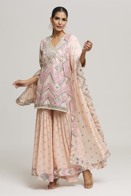 Buy_Kunwarani Ritu_Pink Georgette Tassels, Sequins, Embroidery Round Geometric Kurta Sharara Set _Online_at_Aza_Fashions
