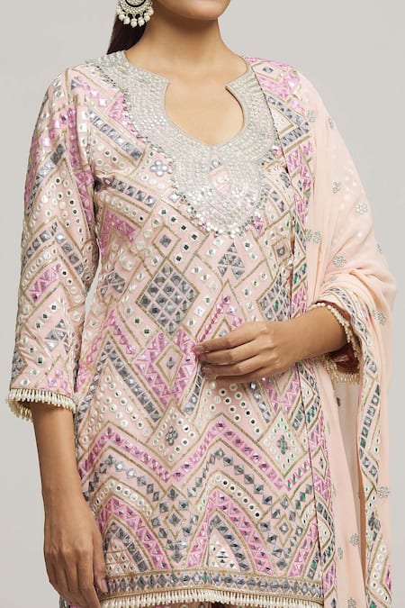 Shop_Kunwarani Ritu_Pink Georgette Tassels, Sequins, Embroidery Round Geometric Kurta Sharara Set _Online_at_Aza_Fashions