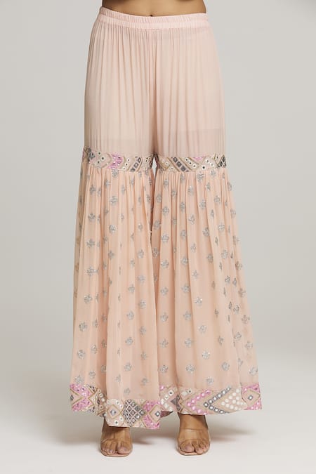 Kunwarani Ritu_Pink Georgette Tassels, Sequins, Embroidery Round Geometric Kurta Sharara Set _at_Aza_Fashions