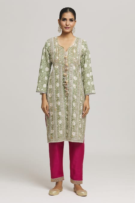 Buy_Kunwarani Ritu_Green Cotton, Chiffon Embroidery, Pearls, Zari, Sequins Zardozi Kurta Pant Set _Online_at_Aza_Fashions
