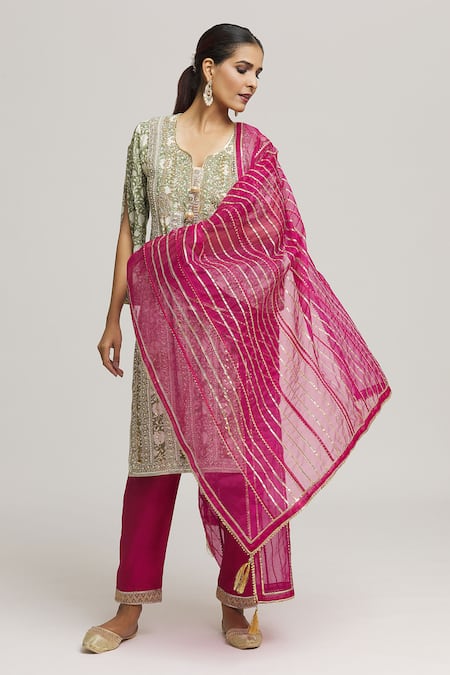 Shop_Kunwarani Ritu_Green Cotton, Chiffon Embroidery, Pearls, Zari, Sequins Zardozi Kurta Pant Set _Online_at_Aza_Fashions