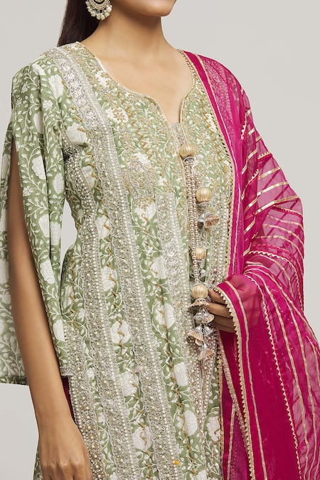 Kunwarani Ritu_Green Cotton, Chiffon Embroidery, Pearls, Zari, Sequins Zardozi Kurta Pant Set _at_Aza_Fashions